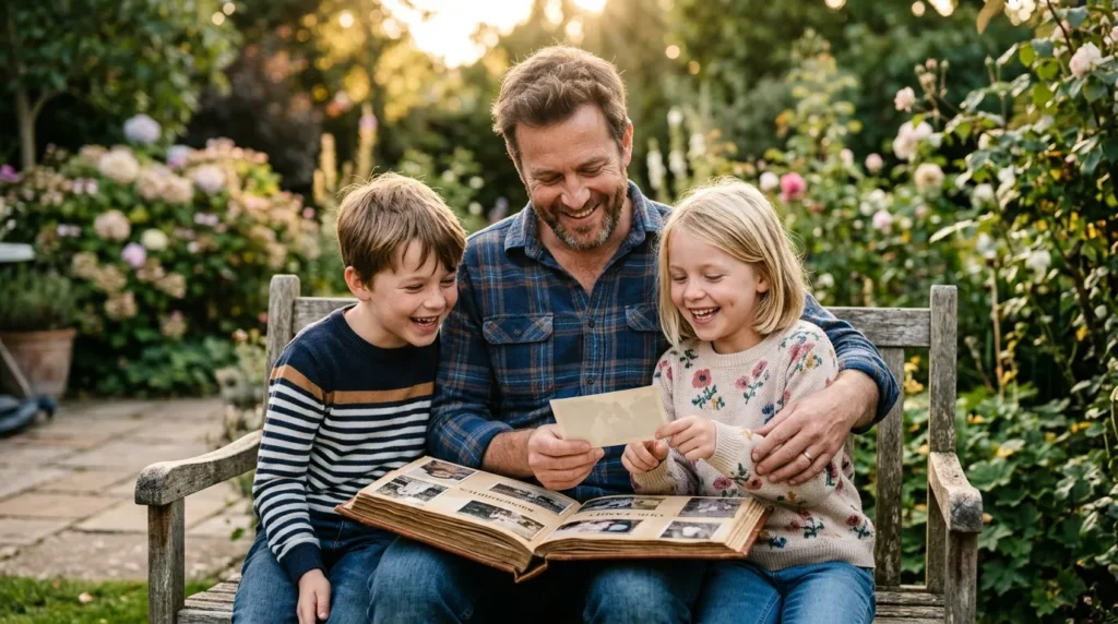 Father sharing memories with twins, reflecting Birthday Messages for Twins from Dad.