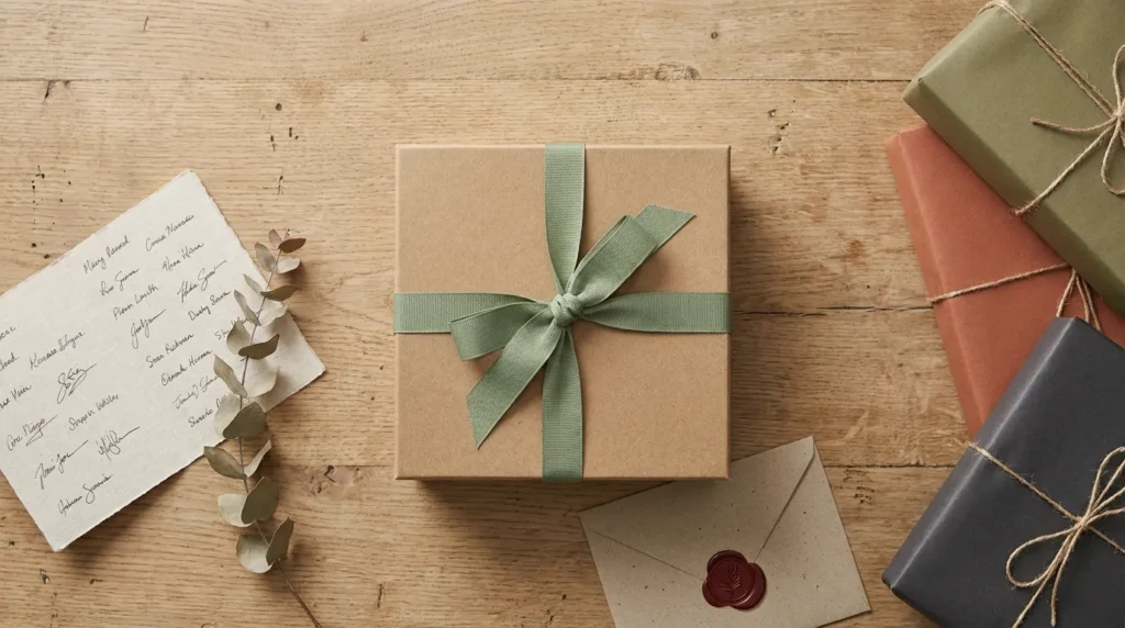 A curated flat-lay of gifts, cards, and greenery showcasing birthday message ideas to pair with a gift or group card.