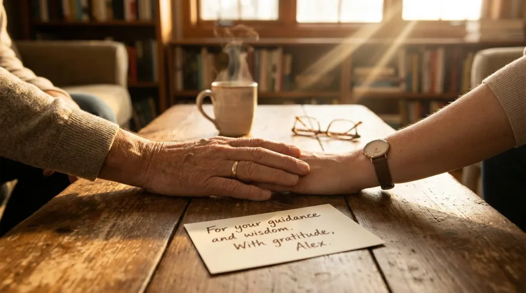 Two professional hands beside a heartfelt card for birthday messages for a boss who is also your mentor.
