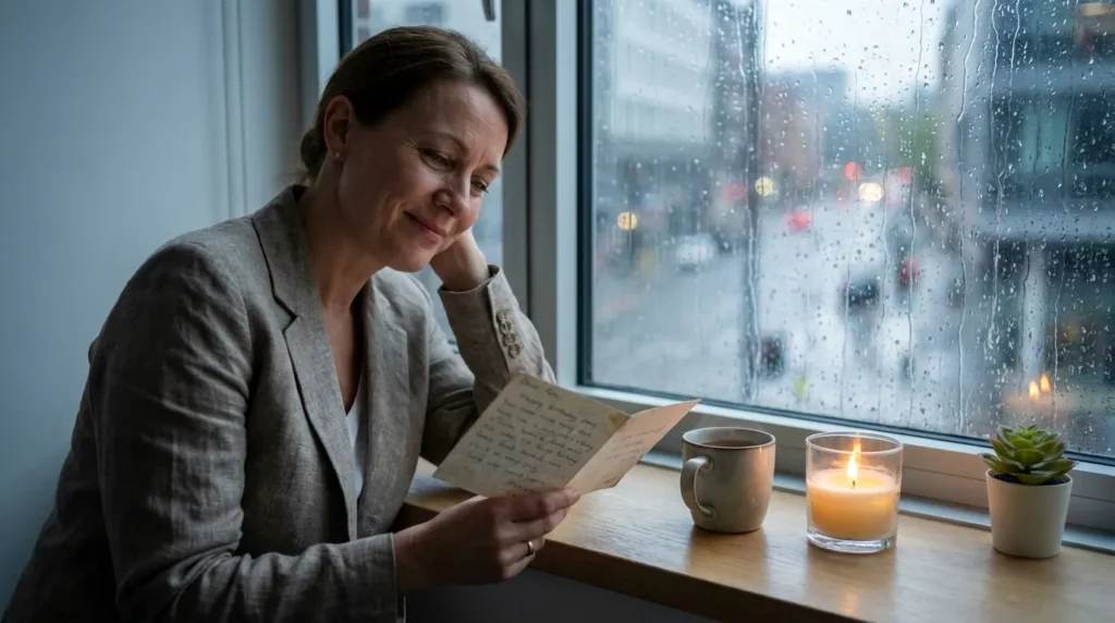 A manager sits quietly with a card, embodying the care behind birthday messages for a manager going through a hard time.