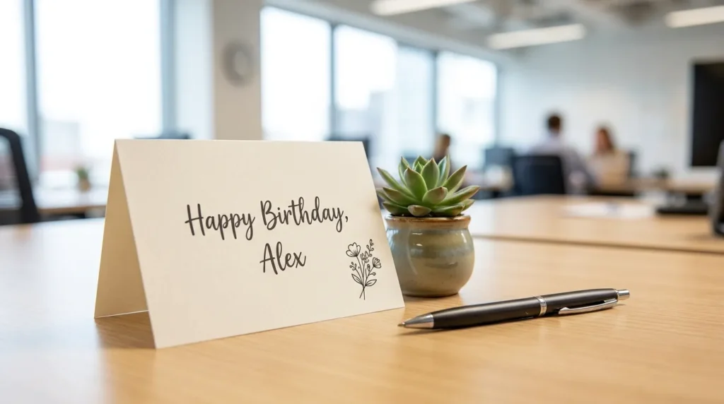 A fresh birthday card beside a desk succulent symbolizing thoughtful birthday messages for a new boss.