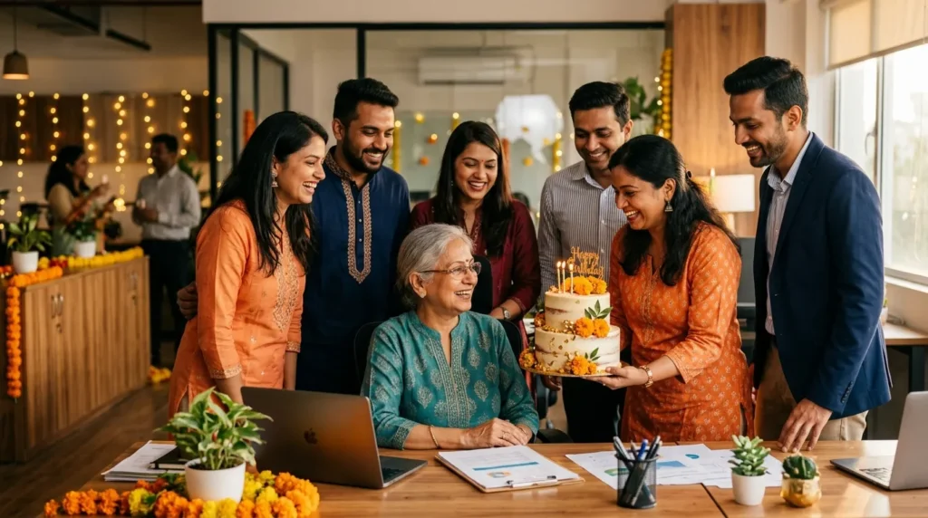 South Asian office colleagues celebrating with a decorated cake for birthday messages for a supervisor in a South Asian workplace.