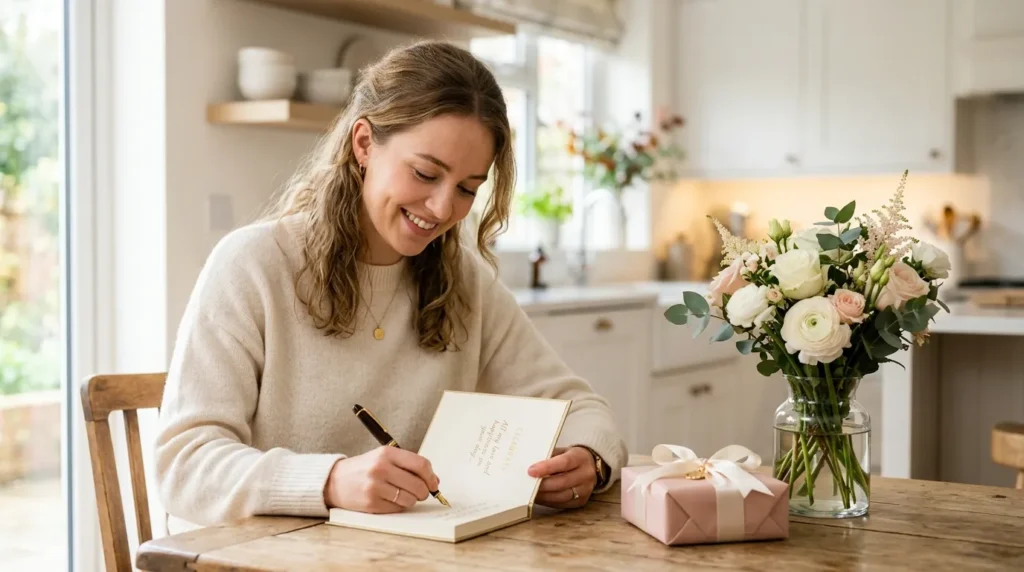 Young woman writing a card representing birthday messages for mother-in-law from a daughter-in-law.