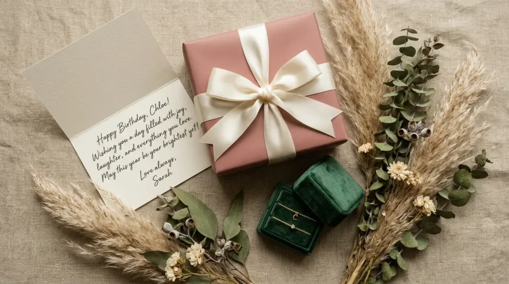 Elegantly wrapped gift and handwritten card styled for birthday messages for mother-in-law to pair with a gift.