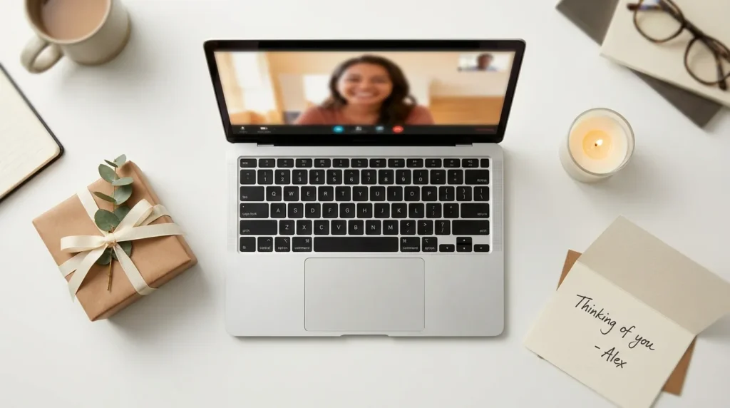 A laptop with a video call and a gift card representing birthday messages for a remote boss.