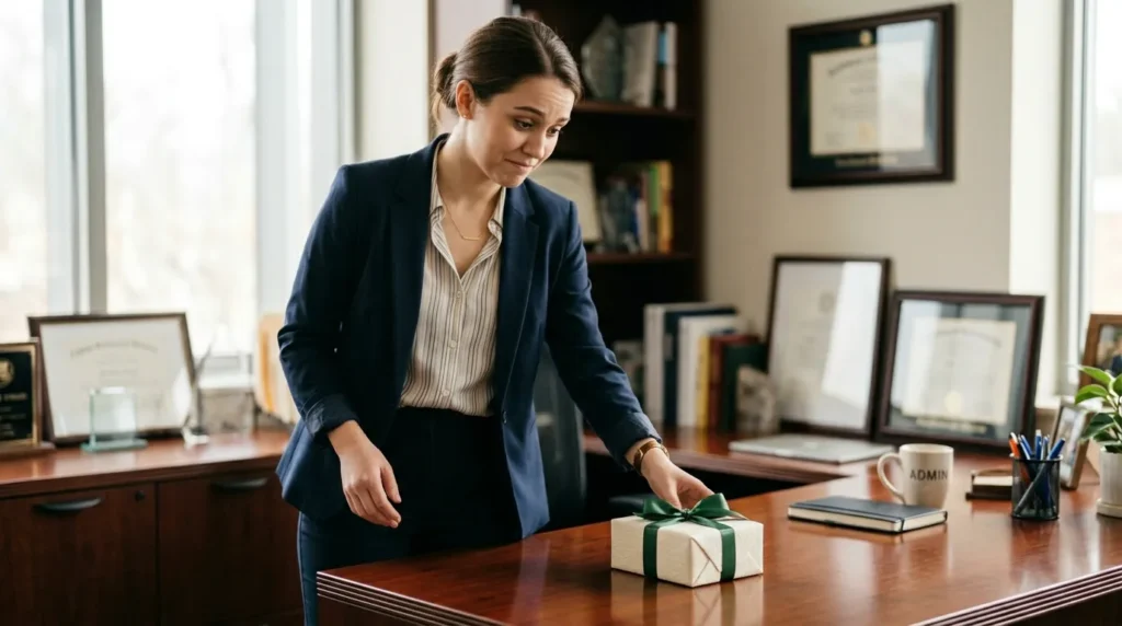 New employee placing a wrapped gift on a desk for birthday messages for a supervisor you are new to.