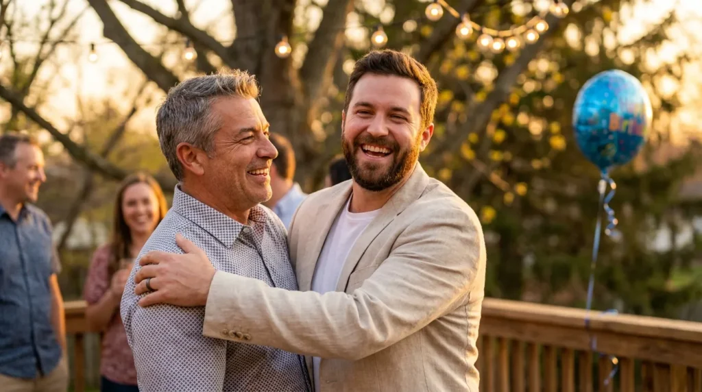 Two men sharing a joyful embrace at a party celebrating birthday messages for uncle by choice.