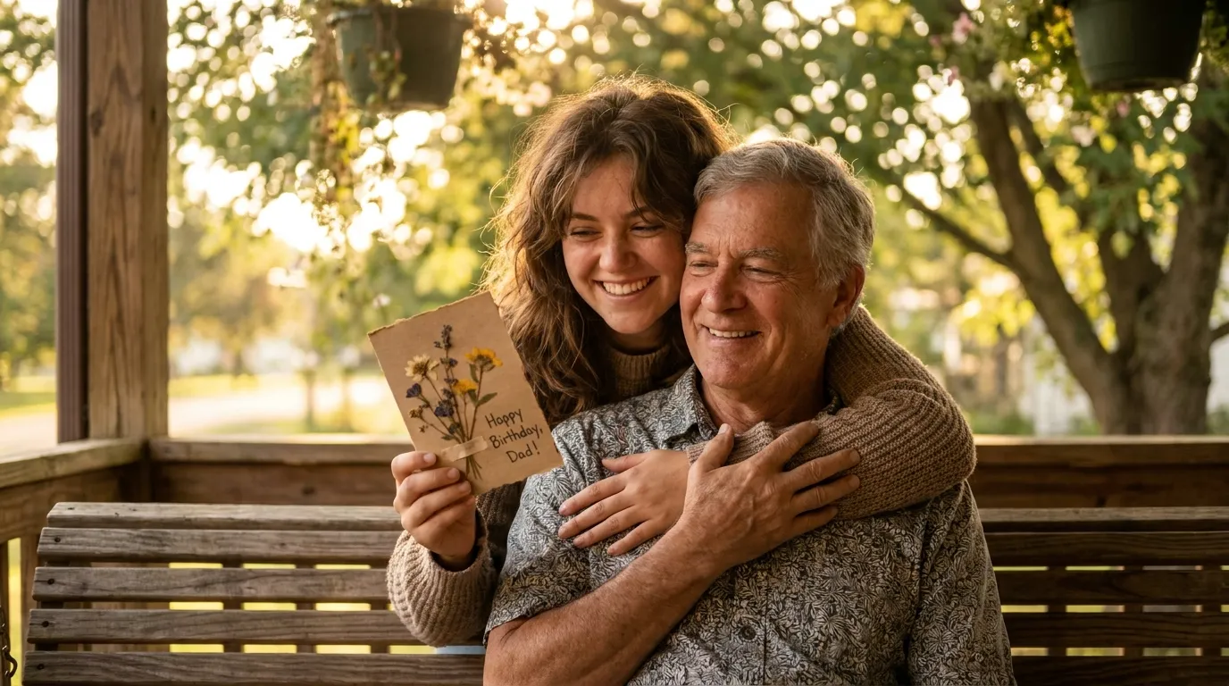 A niece hugging her uncle on a porch while sharing a card with birthday messages for uncle from a niece.