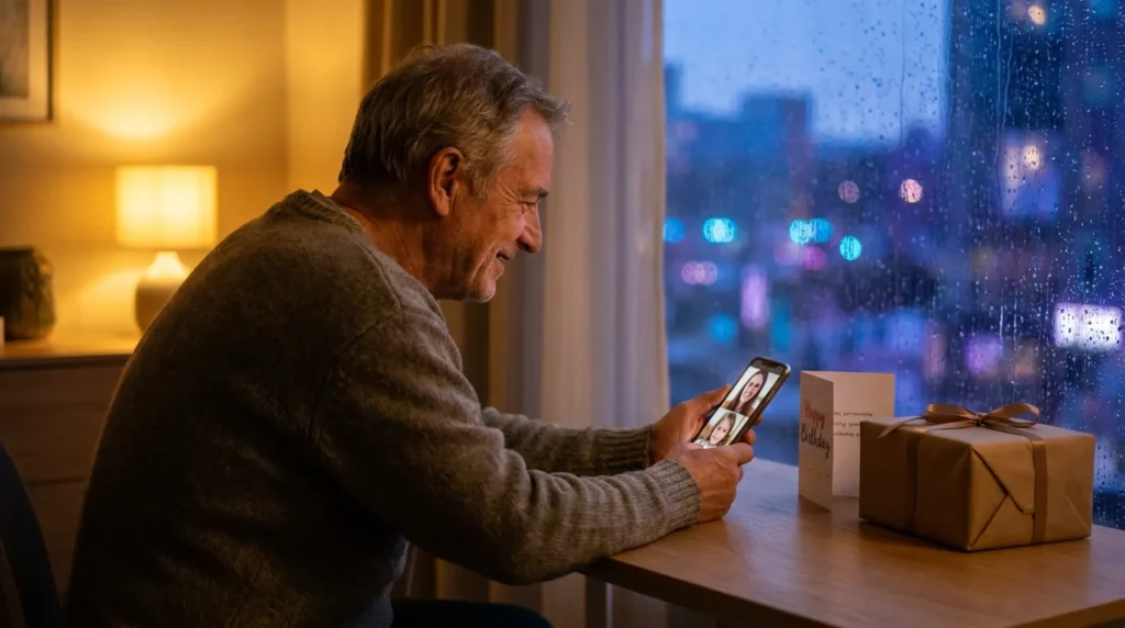 Uncle smiling during a heartfelt video call birthday message from far away at dusk.