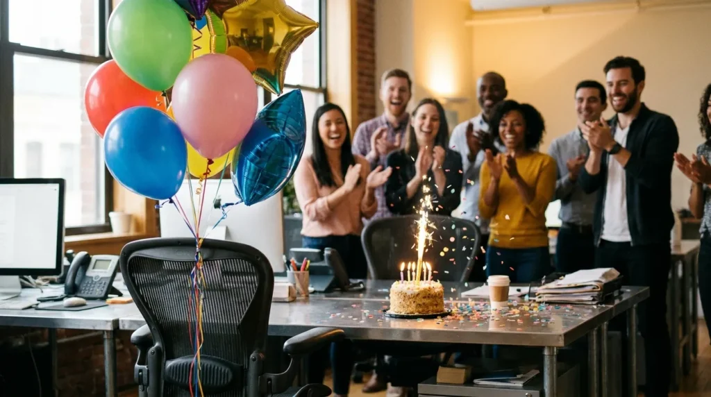 A colorful office desk with balloons and cake capturing funny birthday messages for boss energy.