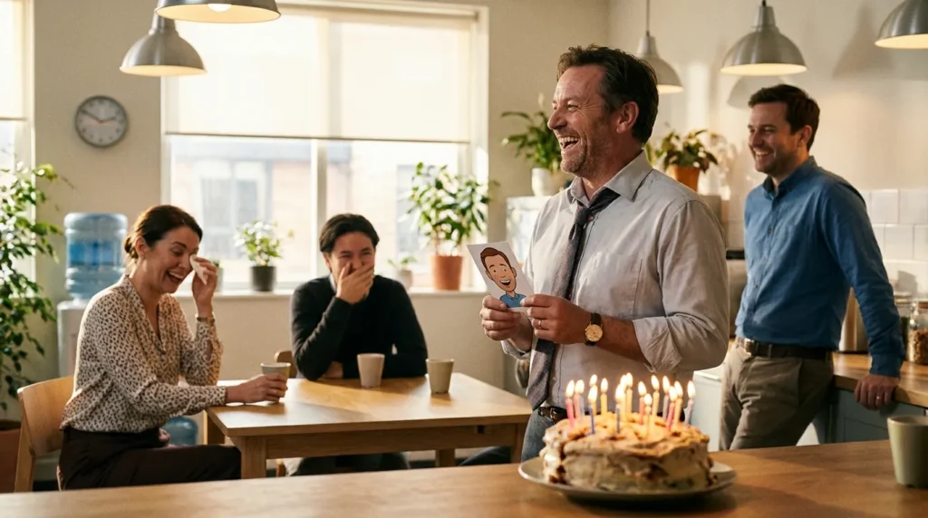 A laughing manager holds a card, capturing the spirit of funny birthday messages for your manager when you know they can take it.
