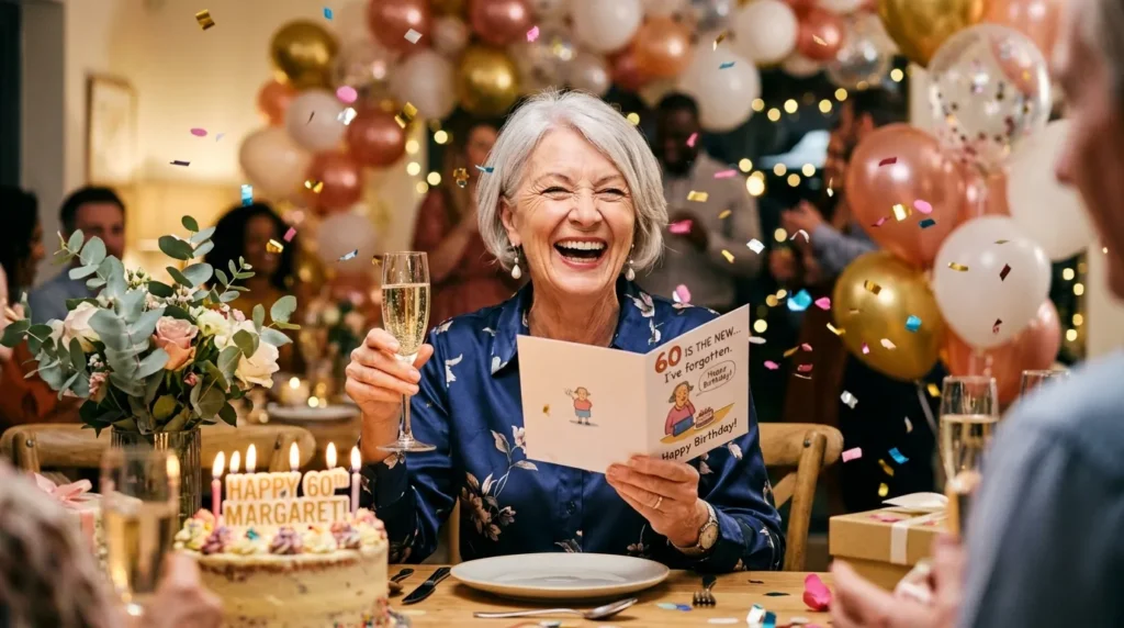 Elegant older woman laughing at a party capturing funny birthday messages for mother-in-law perfectly.