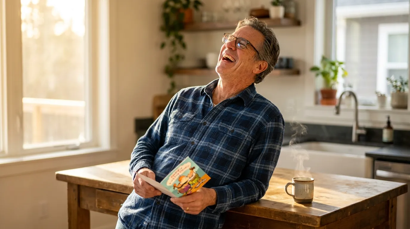 Uncle laughing out loud reading funny birthday messages in a sunny morning kitchen.