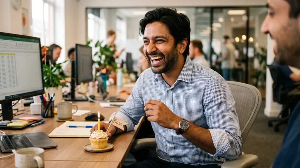 Laughing office professional at desk with birthday cupcake capturing funny birthday messages for your supervisor.