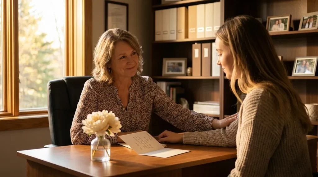 A manager and employee share a warm moment over a heartfelt birthday messages for a manager who feels like a mentor.