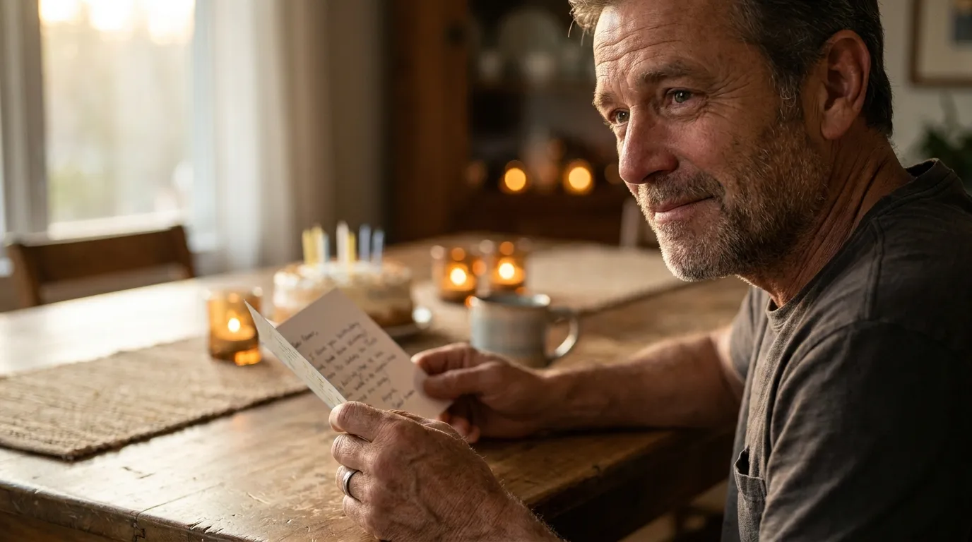 Emotional uncle reading a card with heartfelt birthday messages for uncle by warm candlelight at a wooden table.