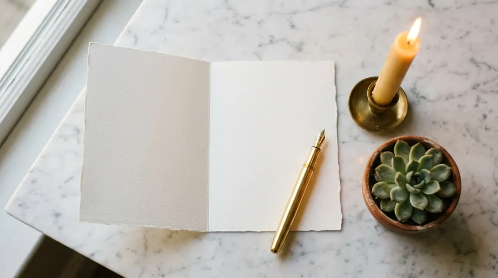 Open greeting card with a glowing candle and gold pen symbolizing inspirational birthday messages for your supervisor.