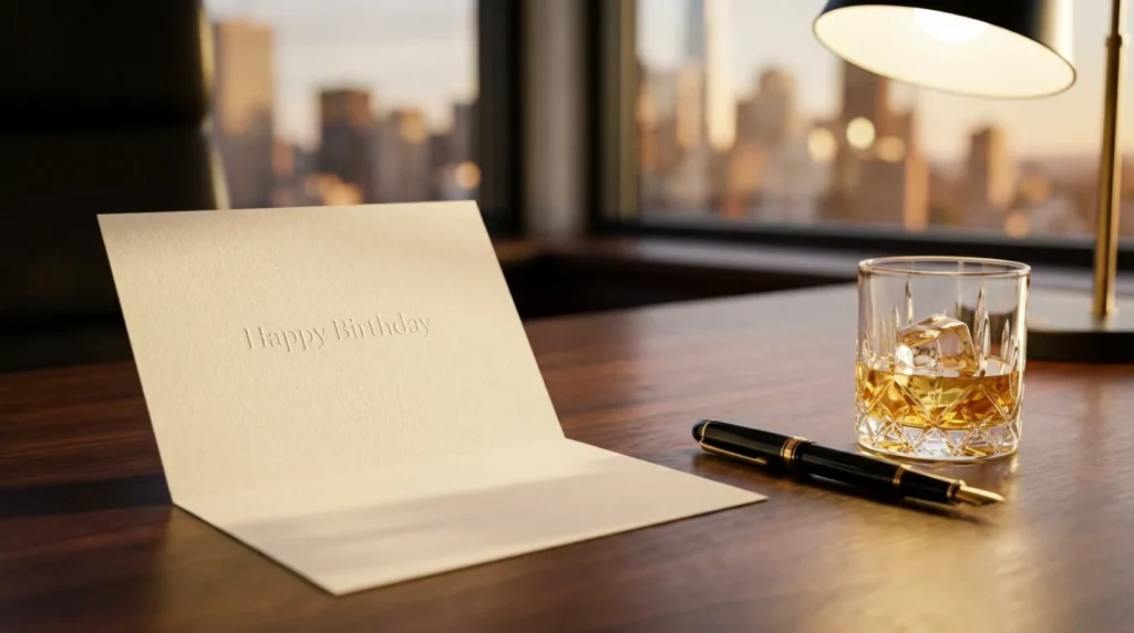 An elegant birthday card on an executive desk representing professional birthday messages for boss.