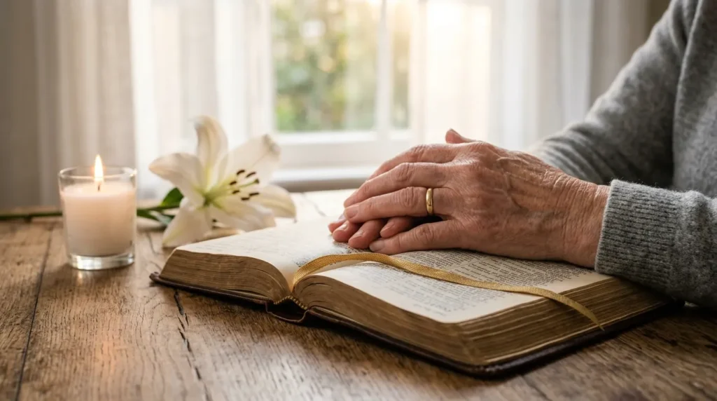 Older woman's hands on a Bible and candle evoking religious and faith-based birthday messages for mother-in-law.