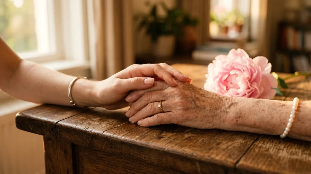 Two women holding hands warmly symbolizing sweet and heartfelt birthday messages for mother-in-law.