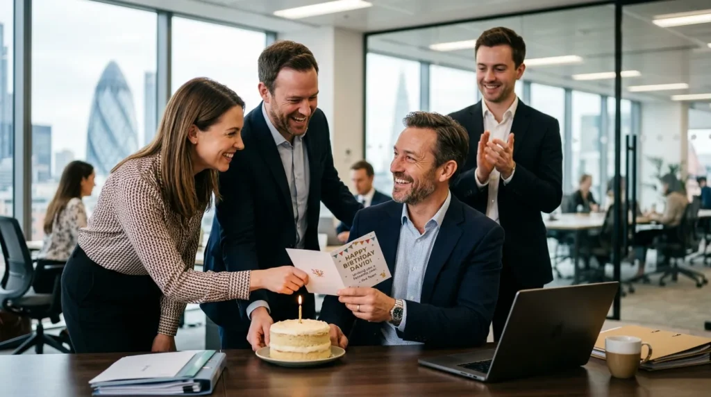 Colleagues presenting birthday card &mdash; 40th birthday messages for him from a colleague or work friend.