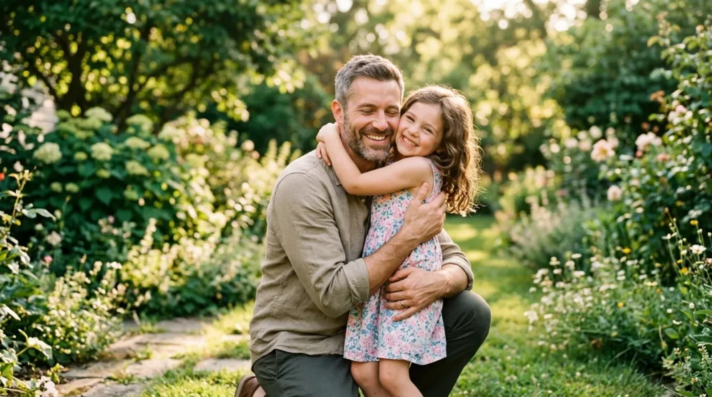 Father and daughter embracing outdoors, representing 40th birthday messages for him from his daughter.