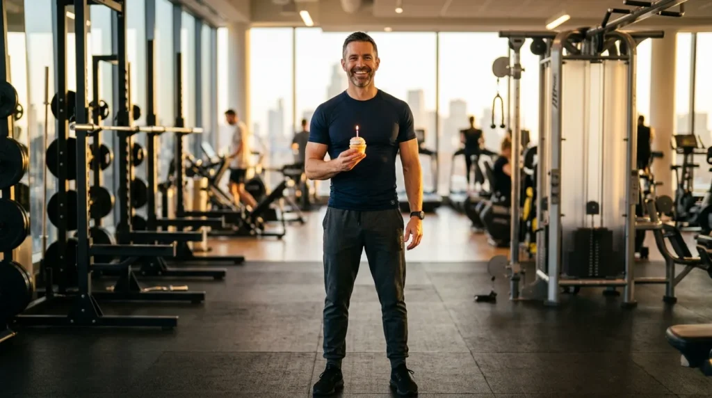 Athletic man with birthday candle in gym, 40th birthday messages for him the fitness guy.