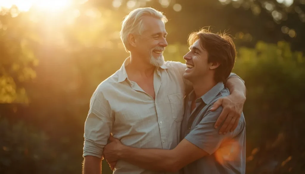 Grown son embracing laughing father outdoors at golden hour &mdash; 50th birthday messages for dad from his son.