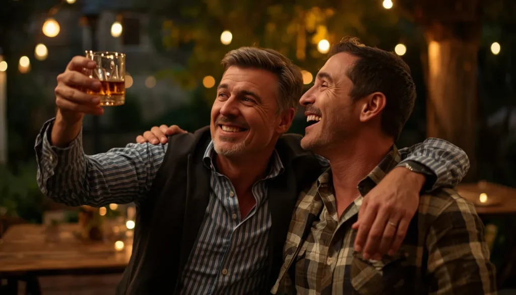Two brothers toasting with whiskey glasses at golden-lit outdoor birthday &mdash; 50th birthday messages for him from his brother.