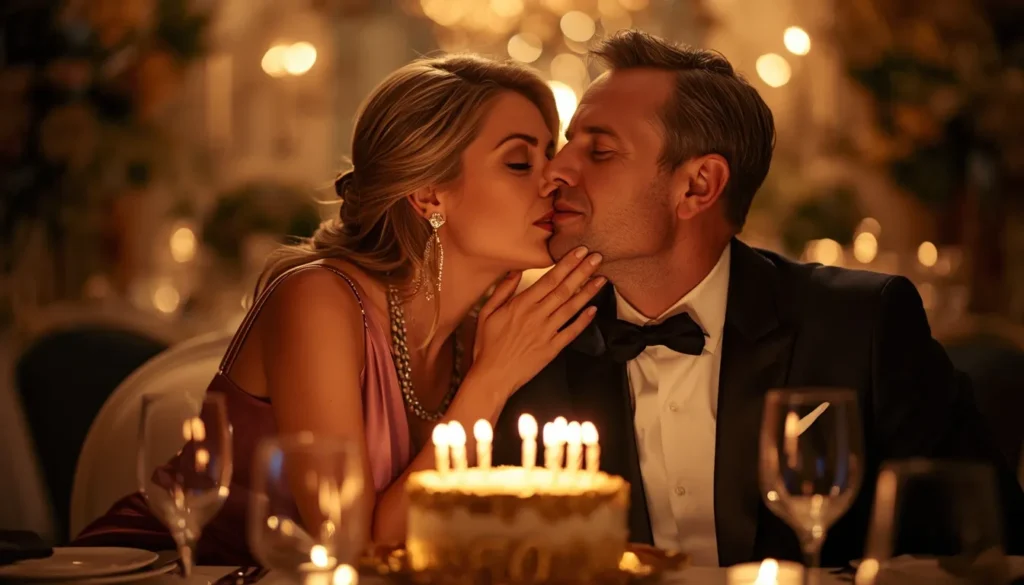 Wife tenderly kissing husband's cheek beside golden birthday cake &mdash; 50th birthday messages for him from his wife.