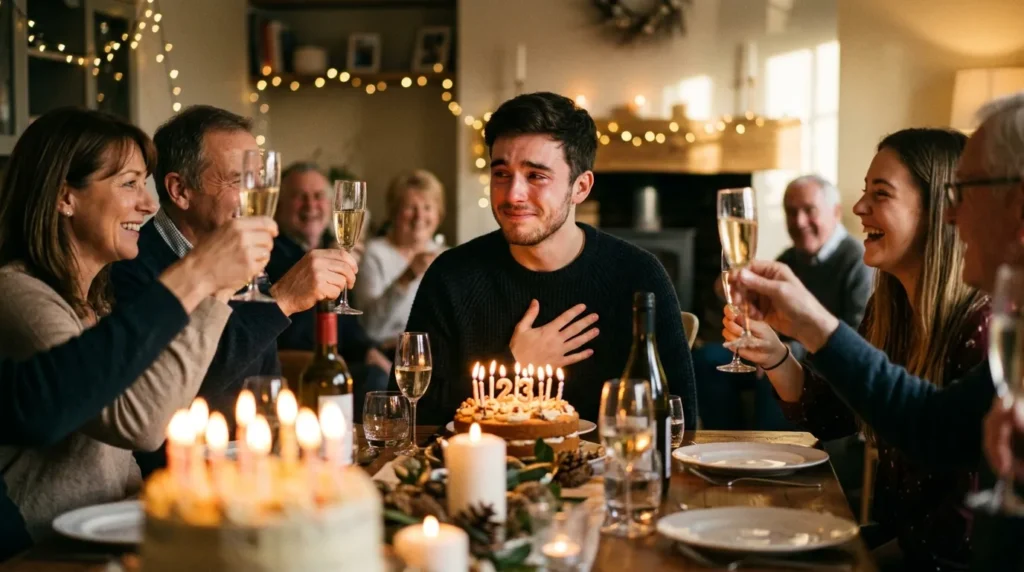 A young man looking touched as family toasts him with birthday messages for a new brother-in-law on his very first birthday in the family.