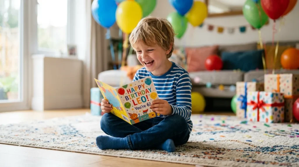 A joyful young boy reading a card filled with birthday messages for a young nephew.