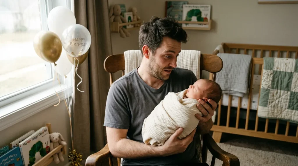A new father cradling his newborn in a nursery with birthday messages for a brother-in-law who just became a dad floating on balloons nearby.