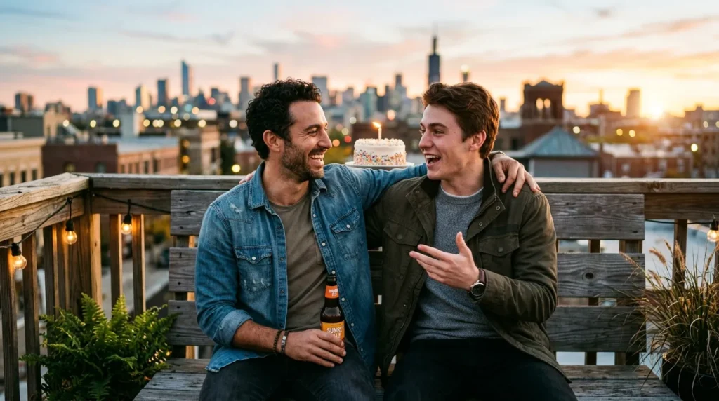 Two men sitting closely on a rooftop sharing birthday messages for a brother-in-law who's also your best friend at golden hour.