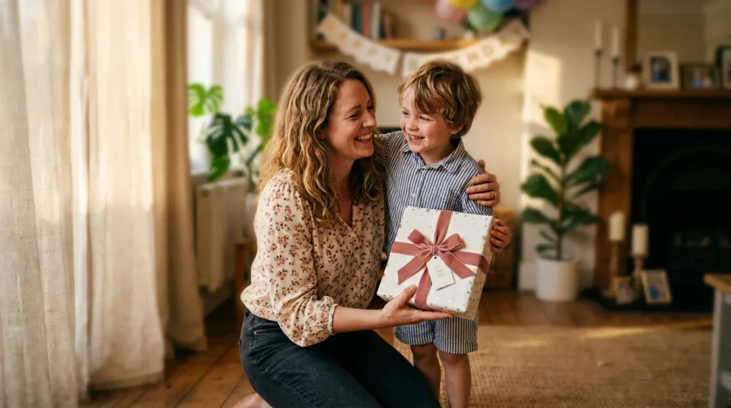 A loving aunt kneeling to hug her nephew sharing birthday messages for nephew from aunt.