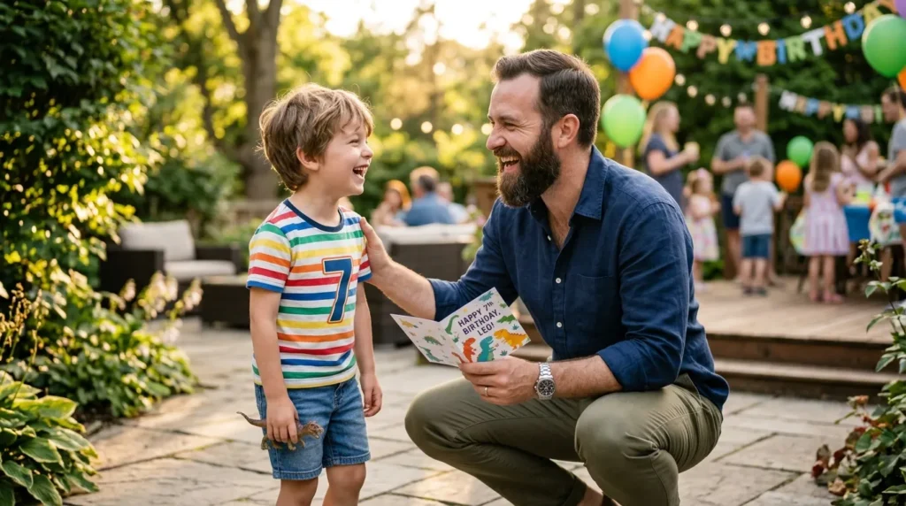 A cheerful uncle crouching and laughing sharing birthday messages for nephew from uncle outdoors.