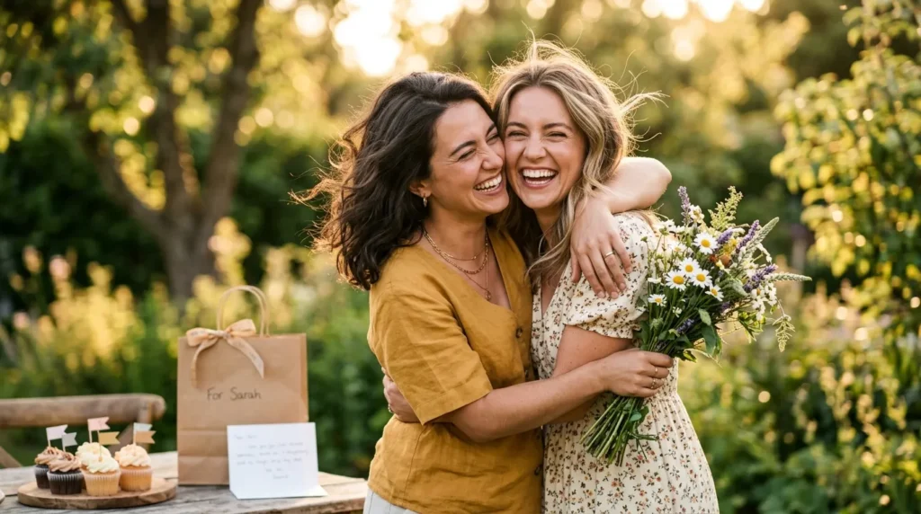 Two best friends embracing outdoors celebrating birthday messages for sister-in-law who is your best friend.