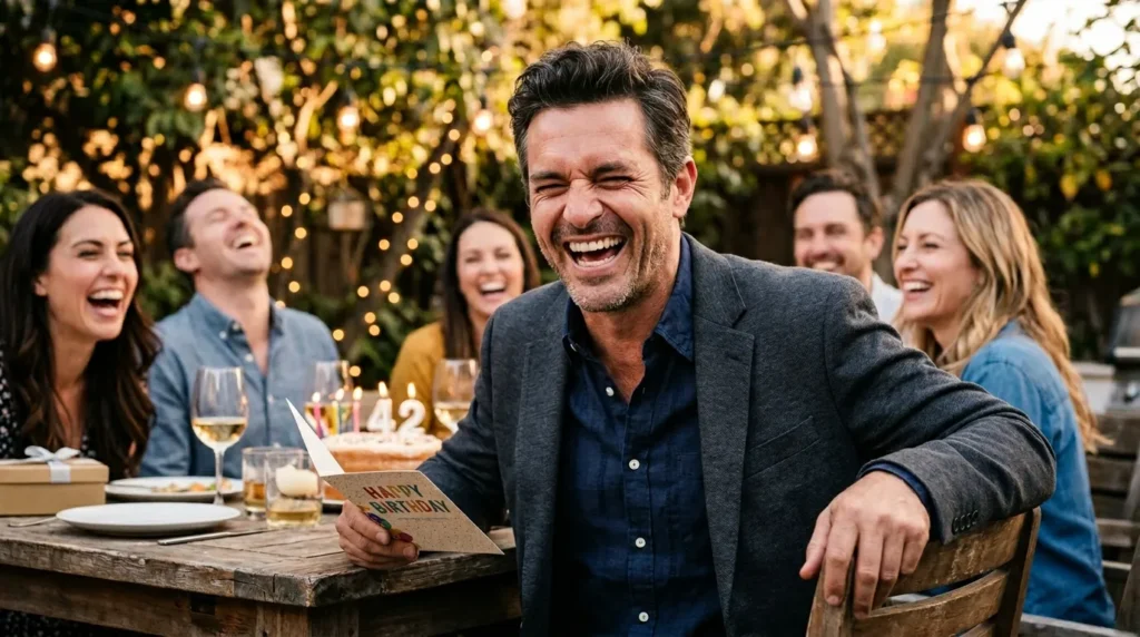 Laughing man reads funny 40th birthday messages for him that will make him laugh outdoors.