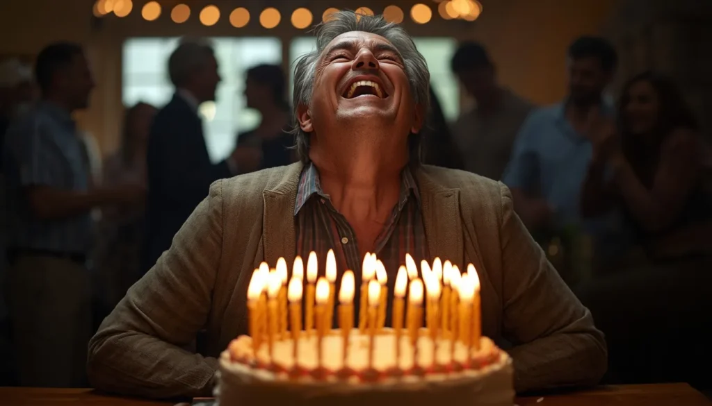 Man laughing hysterically beside a towering 50-candle birthday cake at a party &mdash; funny 50th birthday messages for him.