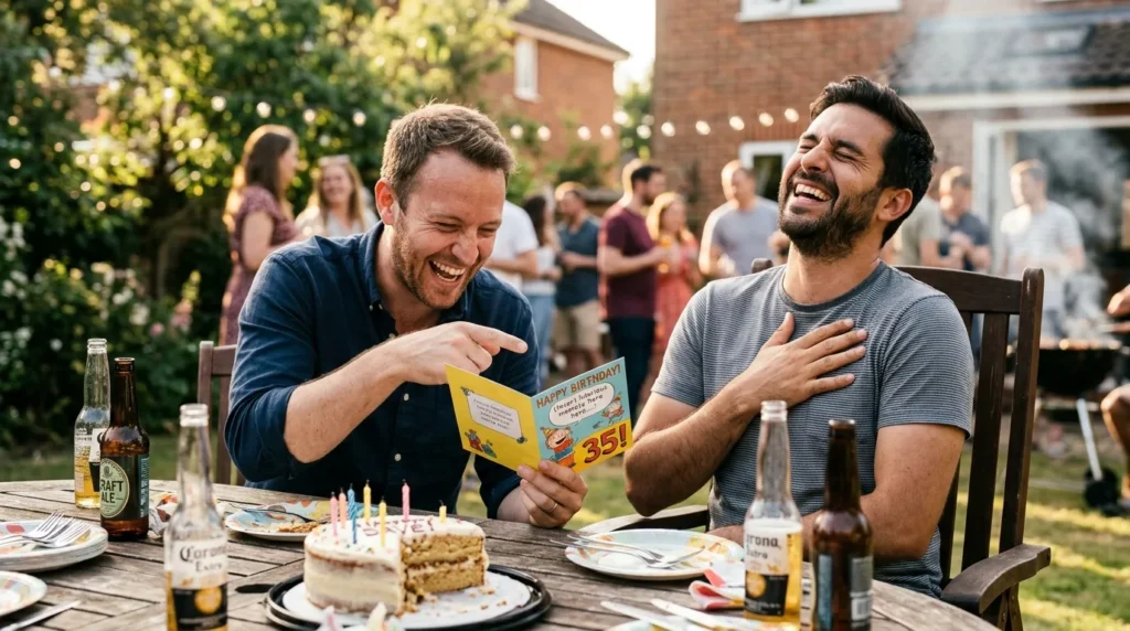 Two men laughing hysterically at funny birthday messages for brother-in-law written inside an open card.