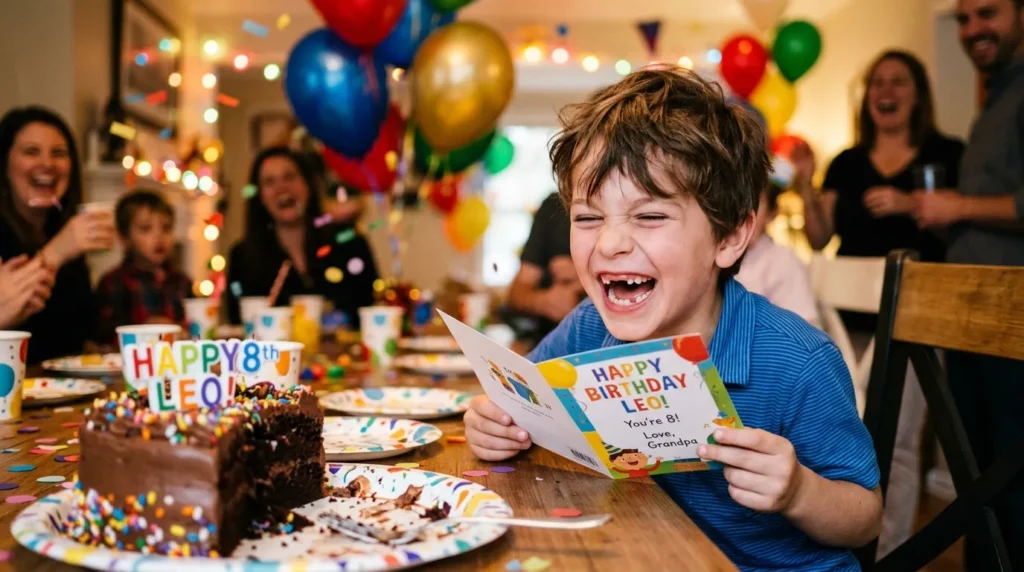 A laughing boy at a birthday party discovering funny birthday messages for nephew on a card.