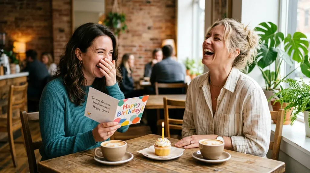 Two women laughing over a birthday card sharing funny birthday messages for sister-in-law.