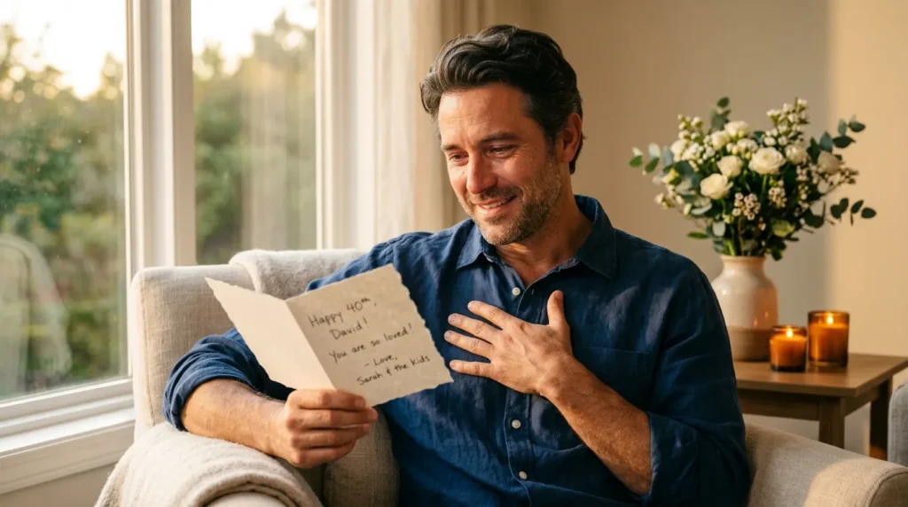 Man reading a handwritten card expressing heartfelt 40th birthday messages for him at home.