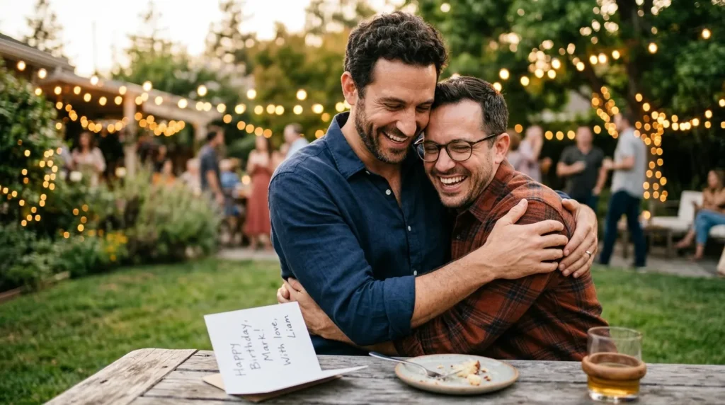 Two brothers-in-law sharing a warm emotional hug with heartfelt birthday messages for brother-in-law visible on a nearby card.