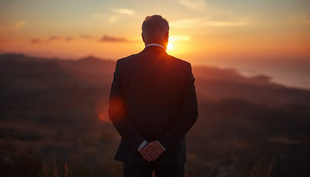 Distinguished man standing confidently at golden-hour hilltop overlooking vast horizon &mdash; inspirational 50th birthday messages for him.