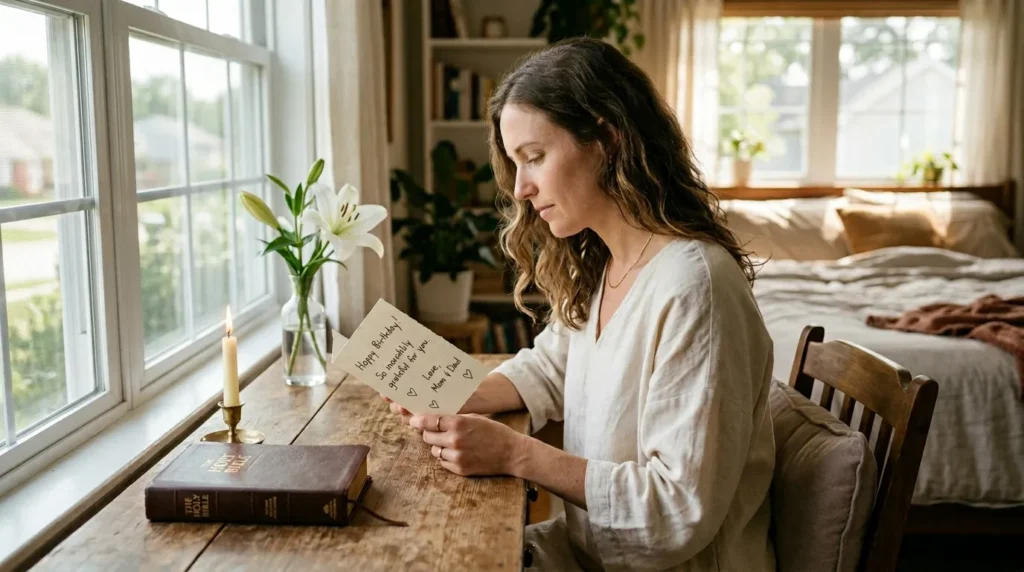 A woman in quiet gratitude reading religious and spiritual birthday messages for sister-in-law.