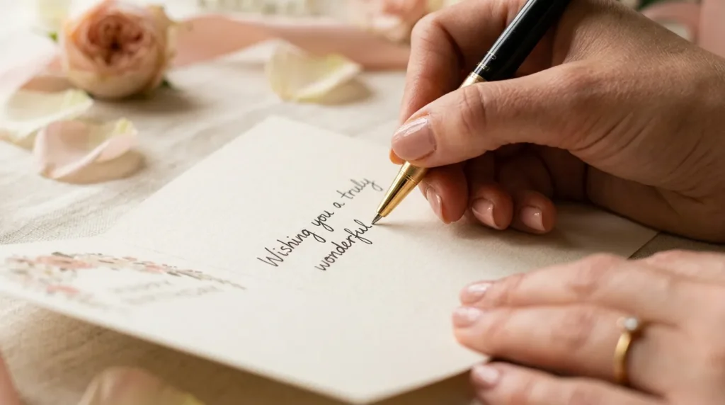 Hands write on elegant stationery surrounded by flowers, 30th birthday card messages for a friend.