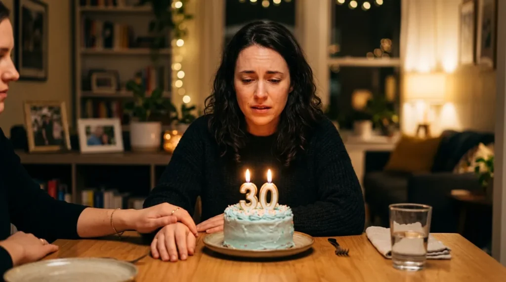 Woman gazes at candles, 30th birthday messages for the friend who's nervous about turning 30.