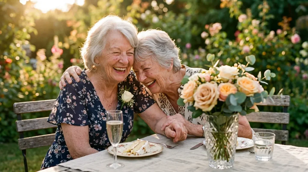 Two silver-haired women laughing together in golden light for 90th Birthday Messages for a Friend