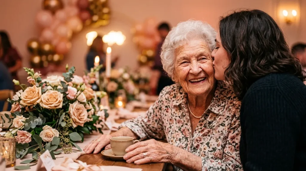 Glowing grandmother receiving a loving cheek kiss captured for 90th Birthday Messages for Grandma